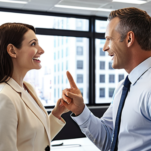 **American Corporate Feedback:** A brightly lit, modern office setting in a bustling American city. Two professionals, one giving direct and enthusiastic feedback to another, using hand gestures and positive body language. The scene conveys a sense of energy, efficiency, and open communication. Focus on contemporary business attire and a collaborative workspace.