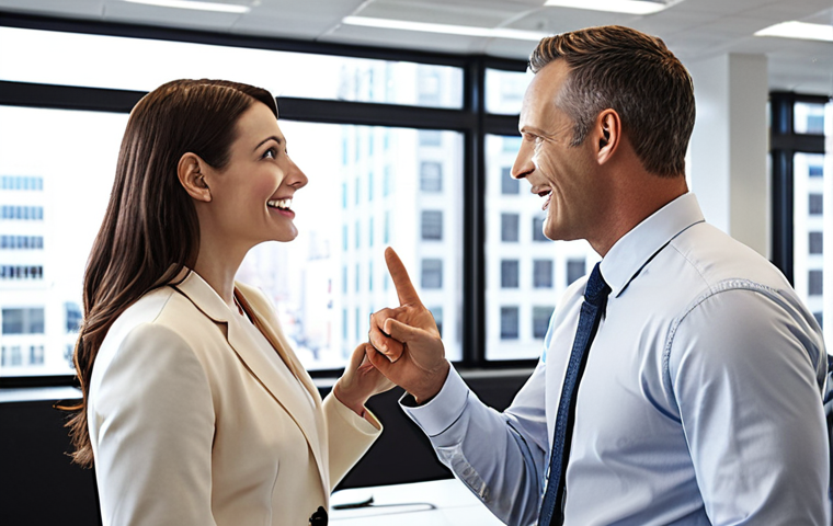 **American Corporate Feedback:** A brightly lit, modern office setting in a bustling American city. Two professionals, one giving direct and enthusiastic feedback to another, using hand gestures and positive body language. The scene conveys a sense of energy, efficiency, and open communication. Focus on contemporary business attire and a collaborative workspace.